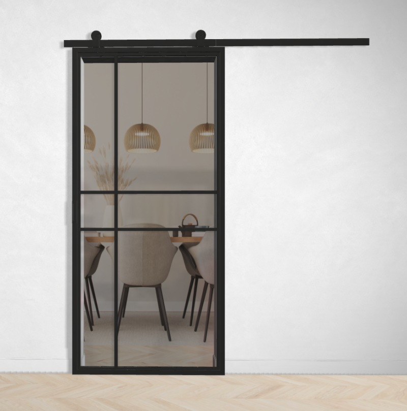 Outlet: Schuifdeur Staal en Glas 6 vaks modern met grijs gerookt glas 96,5 x 256 cm